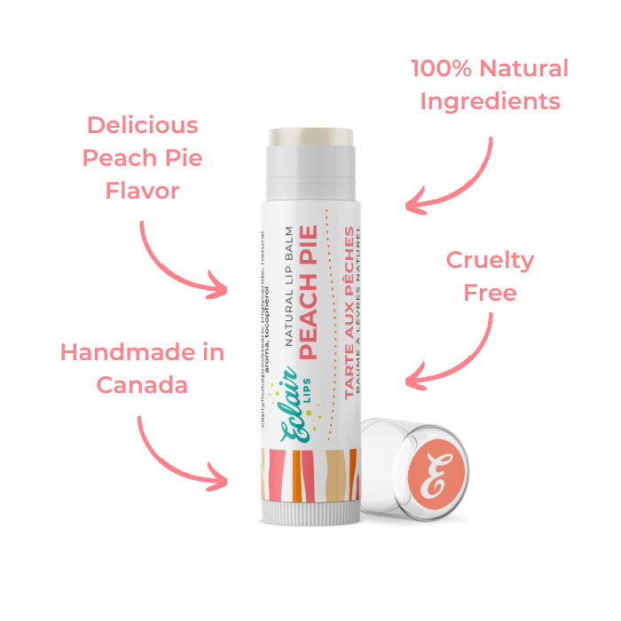 Eclair Lips Peach Pie lip balm, natural ingredients, cruelty-free.