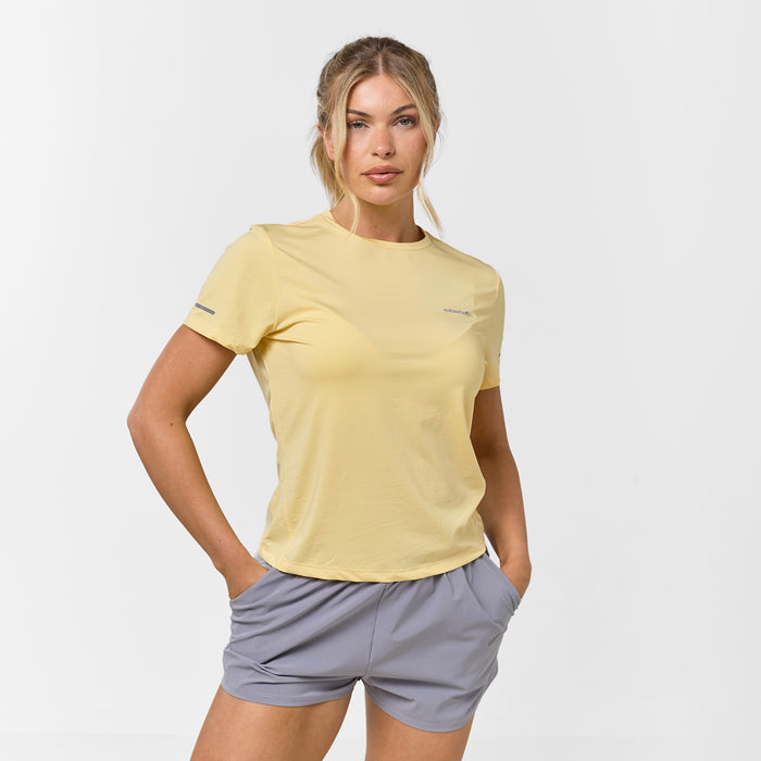 Women's Performance Poly T-Shirt  Bright Yellow Closure London Front View