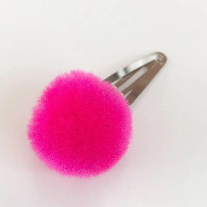 Fuzzy hot pink pom-pom hair pin, silver striped metal clip