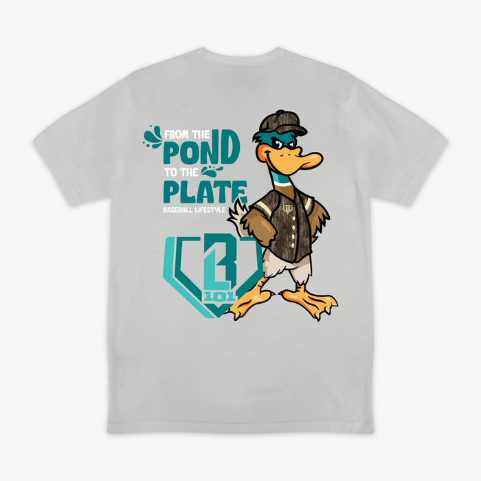 Gray graphic tee with “Pond To The Plate” design — back view