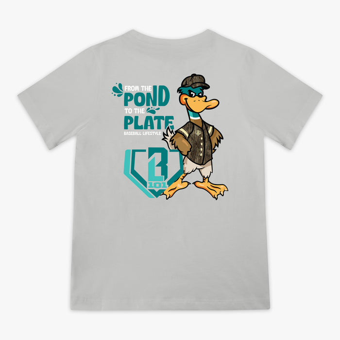 Gray t-shirt with a cartoon duck character, blue BL101 logo and 'From Pond To The Plate Baseball Lifestyle' text on a white background