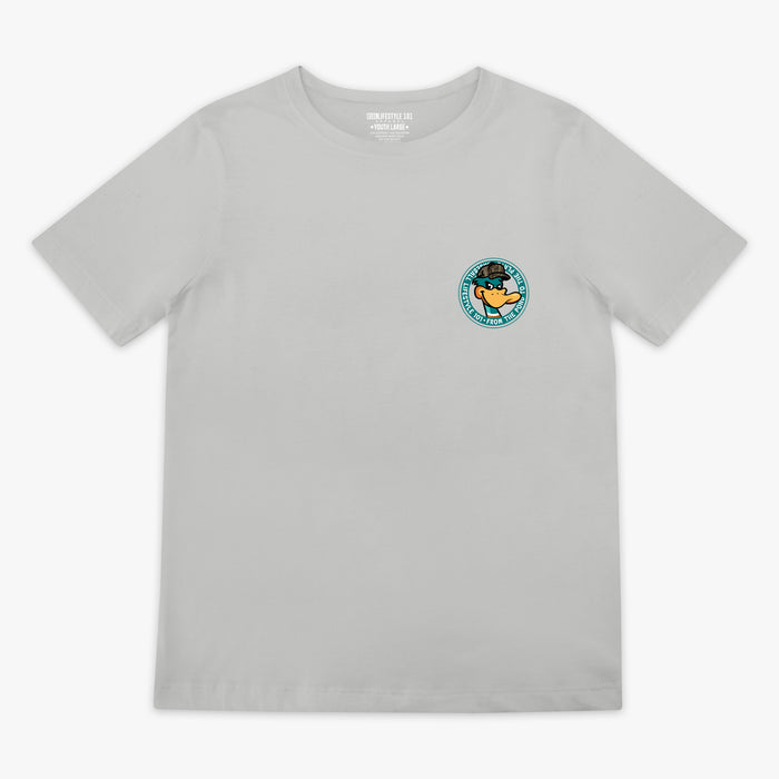 Gray t-shirt with a small duck logo and 'Baseball Lifestyle From Pond To The Plate' text on the chest against a white background