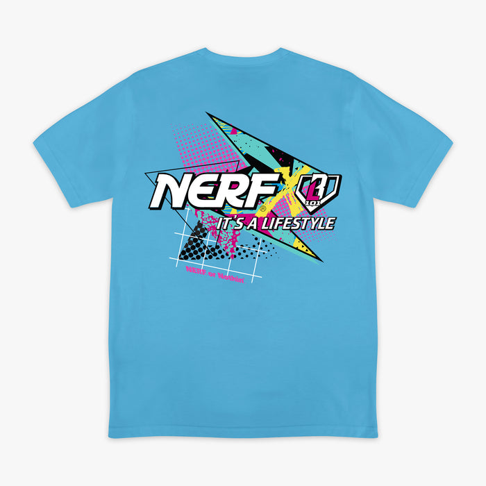 Blue t-shirt with colorful 'NERF X BL101 it's a lifestyle' logo and text on a white background