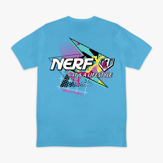 Blue t-shirt with colorful 'NERF X BL101 it's a lifestyle' logo and text on a white background
