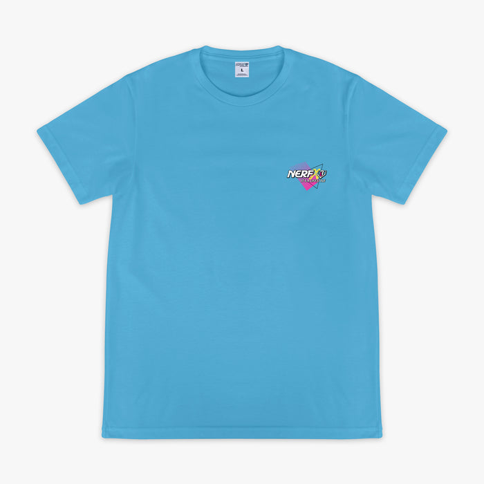 Blue t-shirt with a small 'NERF X BL101 it's a lifestyle' logo on the chest against a white background