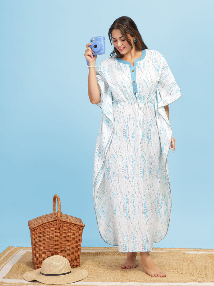 White Blue Floral Designer Premium Cotton Kaftan Nightdress