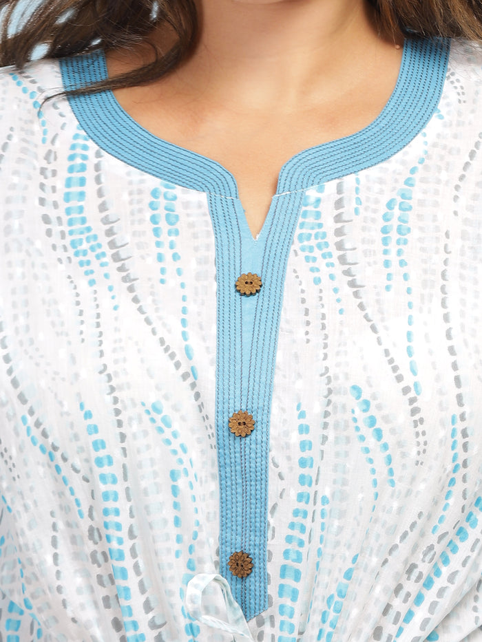 White Blue Floral Designer Premium Cotton Kaftan Nightdress