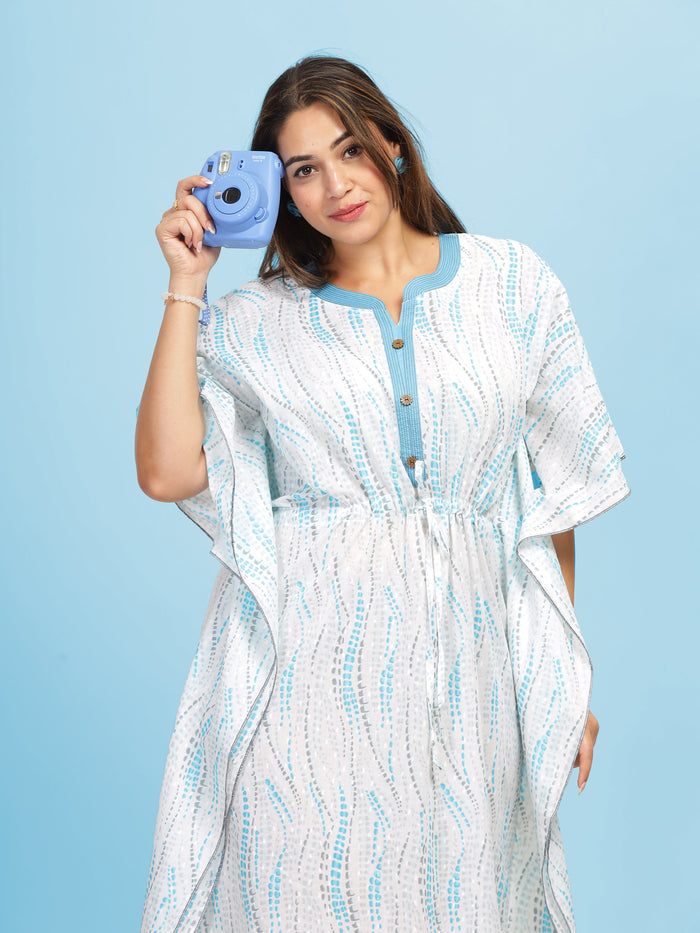 White Blue Floral Designer Premium Cotton Kaftan Nightdress