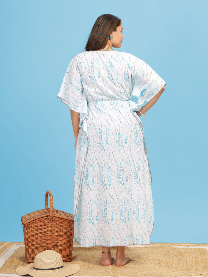 White Blue Floral Designer Premium Cotton Kaftan Nightdress