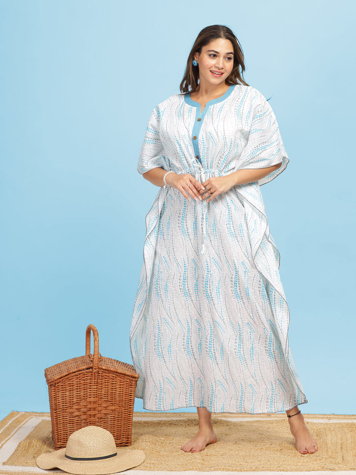 White Blue Floral Designer Premium Cotton Kaftan Nightdress