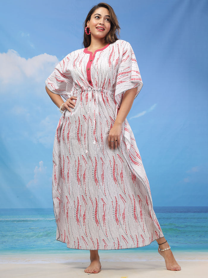 White Red Premium Cotton Kaftan Nighty for Women
