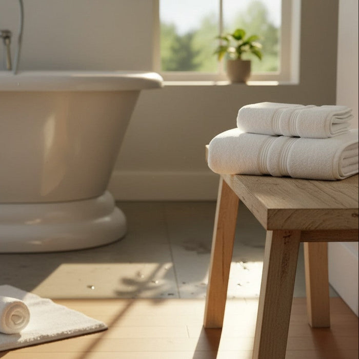Stacked luxury bath towels showing premium thickness and hotel-grade quality