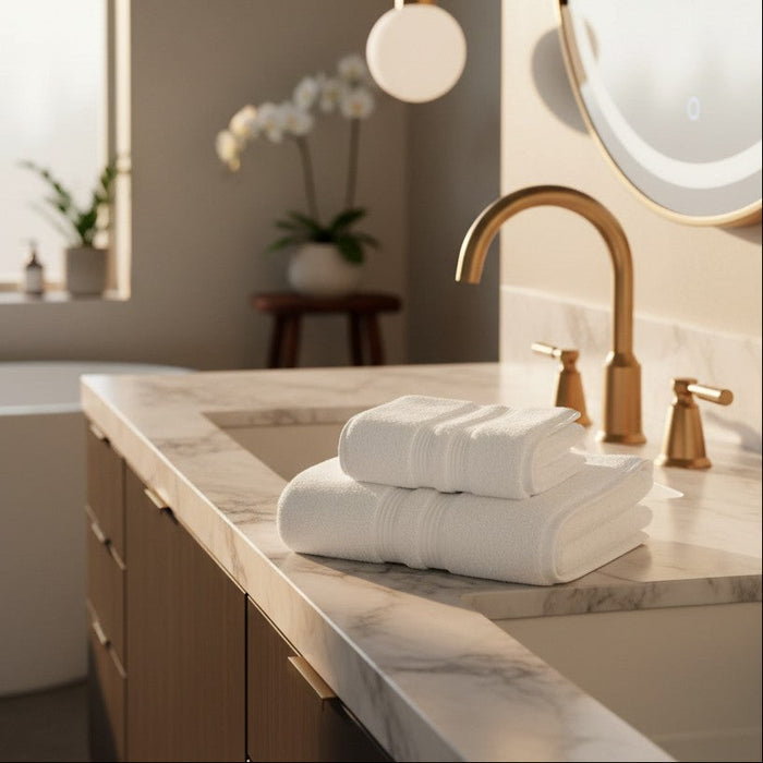 Close-up of premium hotel towel texture - soft absorbent cotton weave