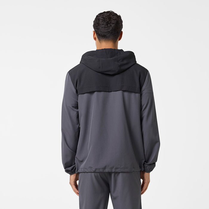 Men's Premium Performance Jacket in charcoal and black – back view with hood and storm flap