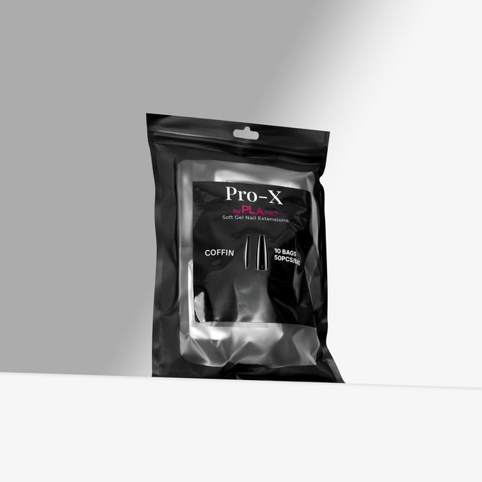 Pro-X soft gel nail extensions packaging on a gray background