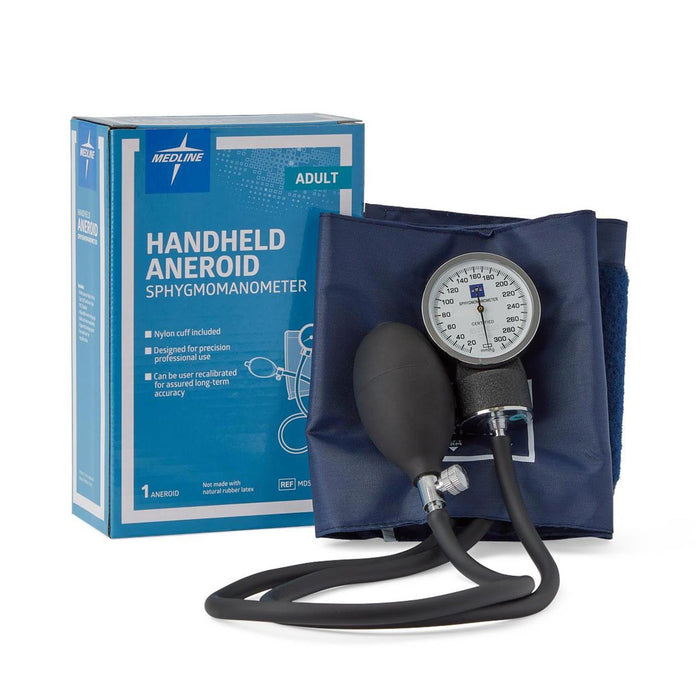 PVC Handheld Aneroid Sphygmomanometer for Adults, Front of cuff and box view.