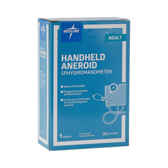 PVC Handheld Aneroid Sphygmomanometer for Adults, Front of box view.