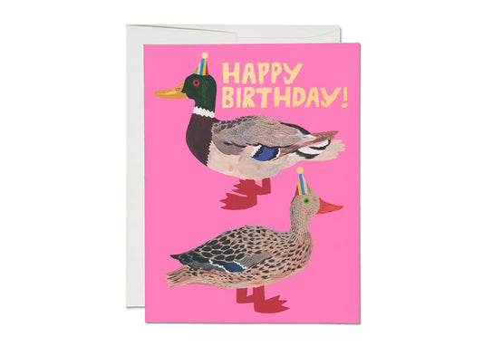 Pink birthday card with duck illustration and foil-style HAPPY BIRTHDAY!