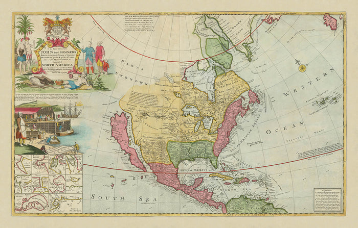 Rare Early Map of North America by Moll, 1733: California Island, Trade Routes, Ports