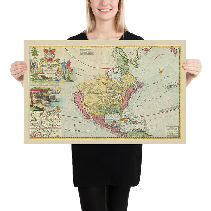 Rare Early Map of North America by Moll, 1733: California Island, Trade Routes, Ports