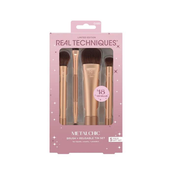 REAL TECHNIQUES Metalchic Brush + Reusable Tin Set For Liquids Creams + Powders مجموعة الفرش الاساسية للمكياج من ريل تيكنيك