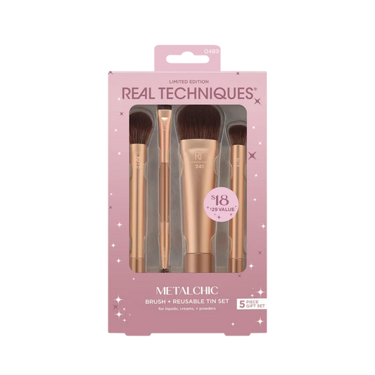 REAL TECHNIQUES Metalchic Brush + Reusable Tin Set For Liquids Creams + Powders مجموعة الفرش الاساسية للمكياج من ريل تيكنيك