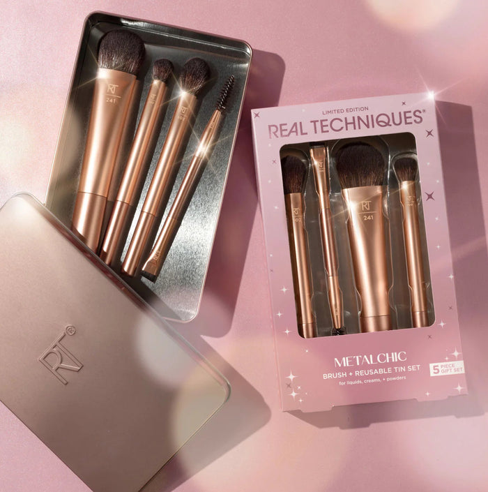 REAL TECHNIQUES Metalchic Brush + Reusable Tin Set For Liquids Creams + Powders مجموعة الفرش الاساسية للمكياج من ريل تيكنيك