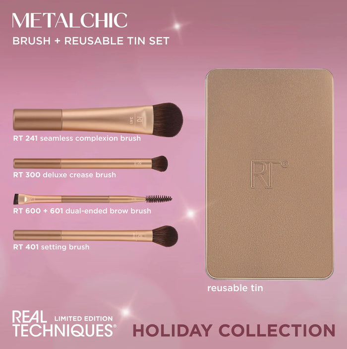REAL TECHNIQUES Metalchic Brush + Reusable Tin Set For Liquids Creams + Powders مجموعة الفرش الاساسية للمكياج من ريل تيكنيك
