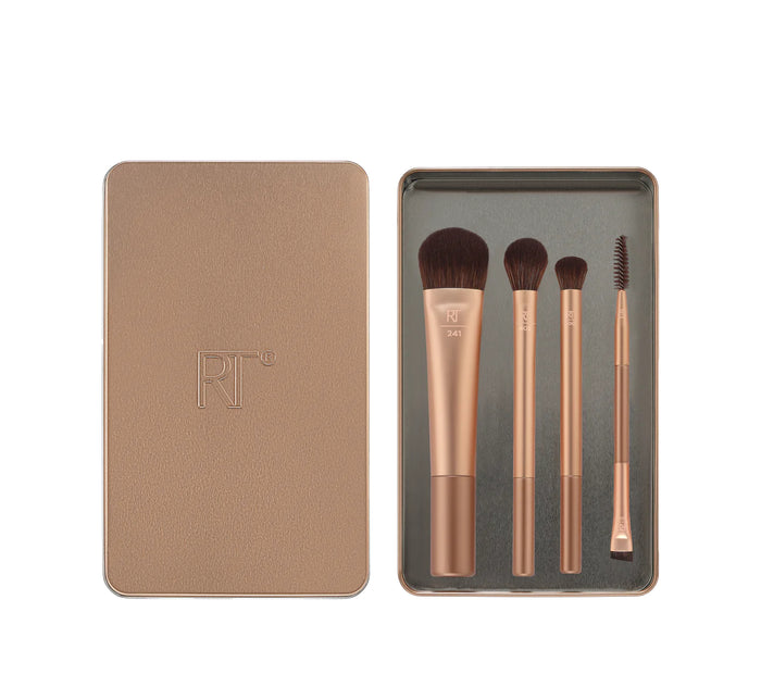 REAL TECHNIQUES Metalchic Brush + Reusable Tin Set For Liquids Creams + Powders مجموعة الفرش الاساسية للمكياج من ريل تيكنيك