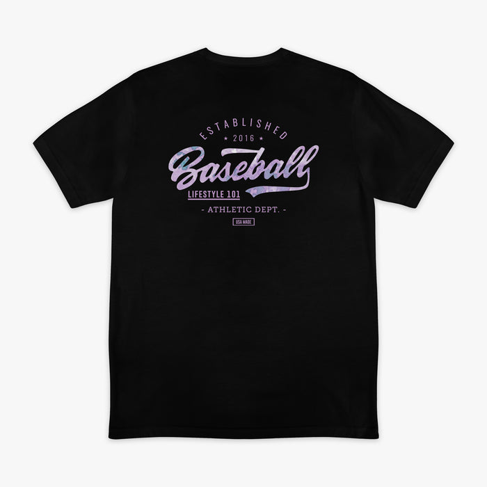 Black t-shirt with purple 'baseball Lifestyle  101 Athletic Dept.' text on a white background