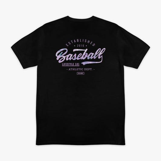 Black t-shirt with purple 'baseball Lifestyle  101 Athletic Dept.' text on a white background