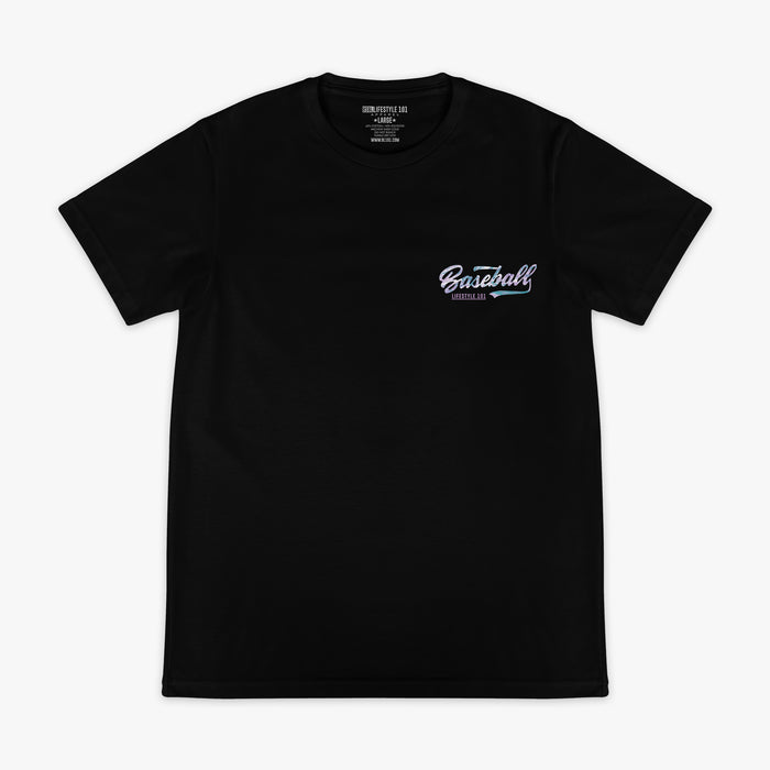 Black t-shirt with 'Baseball Lifestyle 101' text on a white background