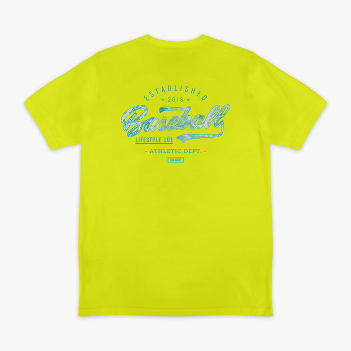 Yellow t-shirt with blue 'Baseball Lifestyle 101 Athletic Dept.' text on a white background