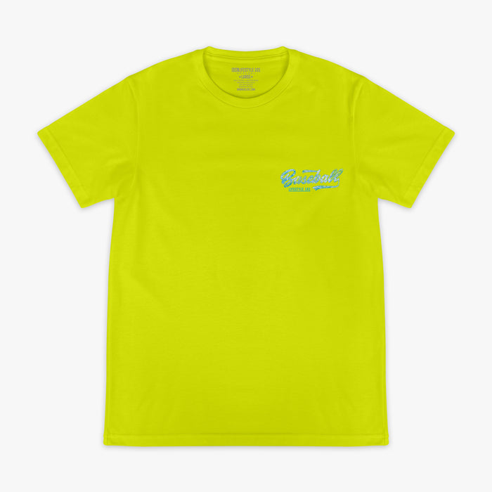 Yellow t-shirt with a blue 'Baseball Lifestyle 101' logo on a white background