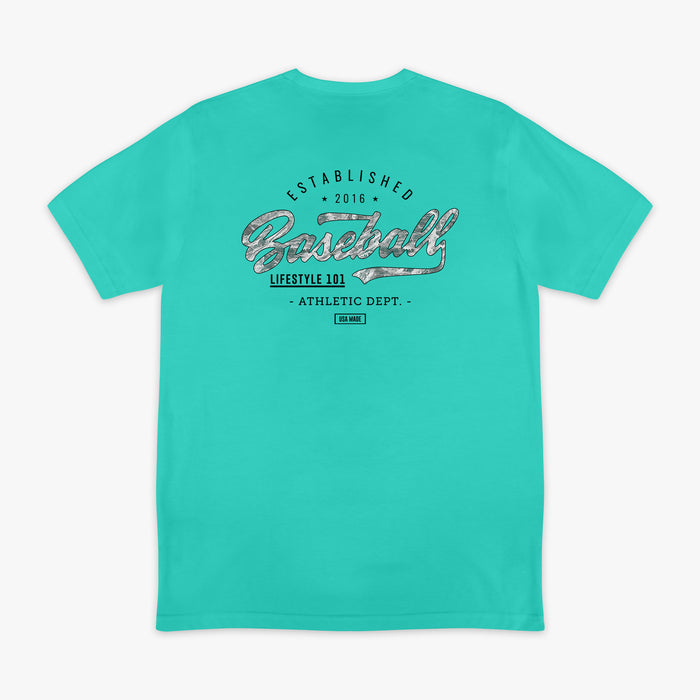 Teal t-shirt with 'Baseball Lifestyle 101 Athletic Dept.' text on the back against a white background