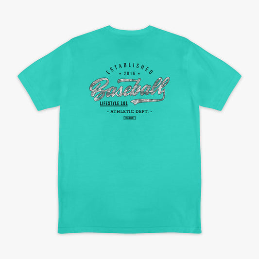 Teal t-shirt with 'Baseball Lifestyle 101 Athletic Dept.' text on the back against a white background