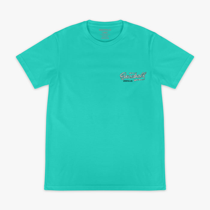 Teal t-shirt with a Baseball Lifestyle 101 logo on a white background