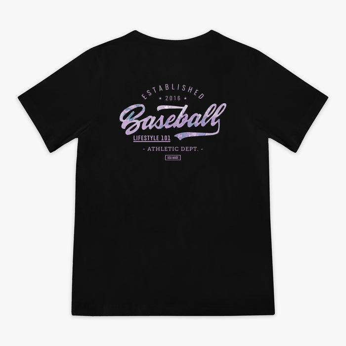 Black t-shirt with purple 'baseball Lifestyle  101 Athletic Dept.' text on a white background