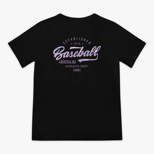 Black t-shirt with purple 'baseball Lifestyle  101 Athletic Dept.' text on a white background