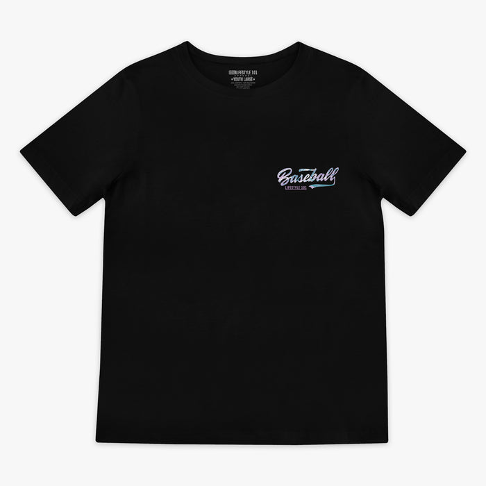 Black t-shirt with 'Baseball Lifestyle 101' text on a white background
