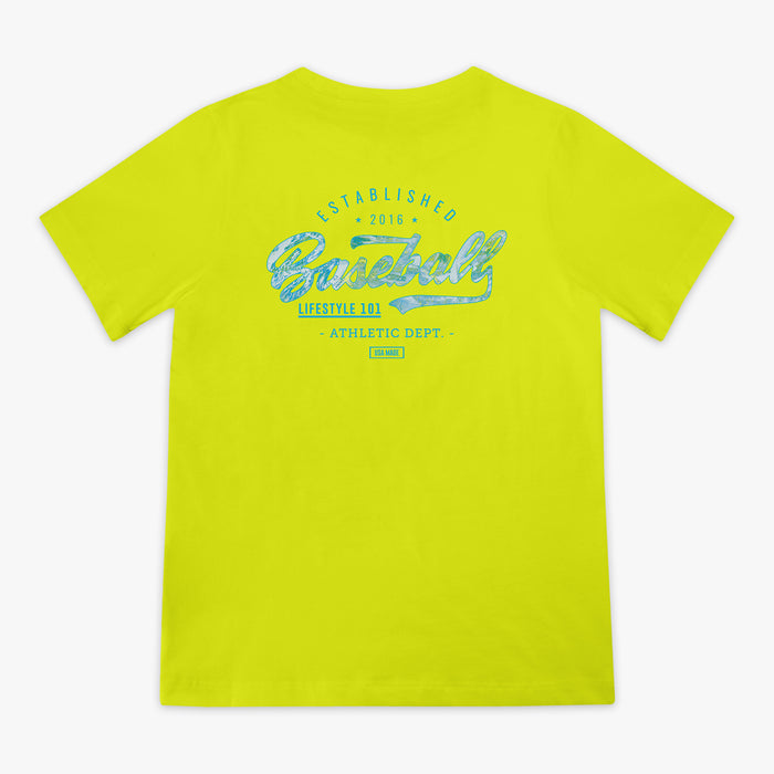 Yellow t-shirt with blue 'Baseball Lifestyle 101 Athletic Dept.' text on a white background