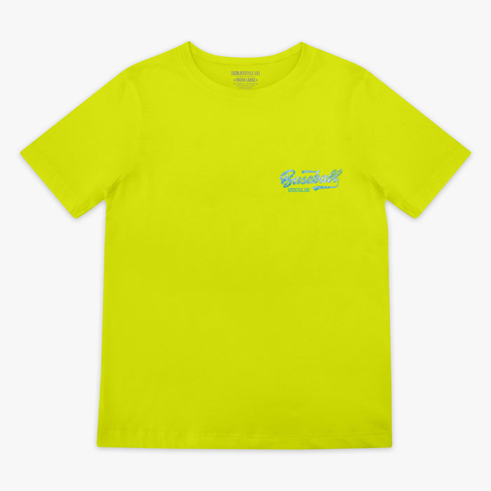 Yellow t-shirt with a blue 'Baseball Lifestyle 101' logo on a white background