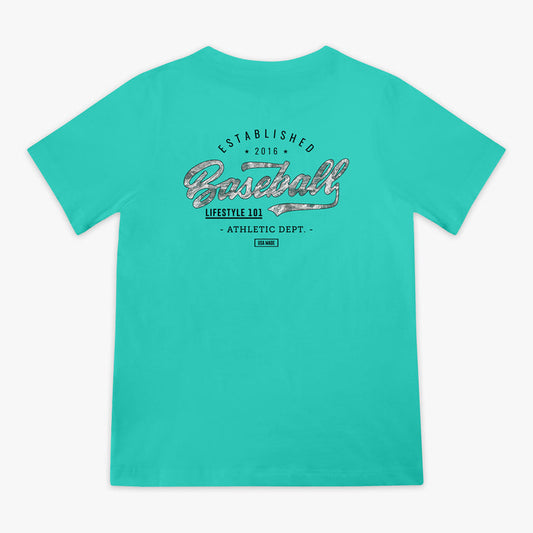 Teal t-shirt with 'Baseball Lifestyle 101 Athletic Dept.' text on the back against a white background
