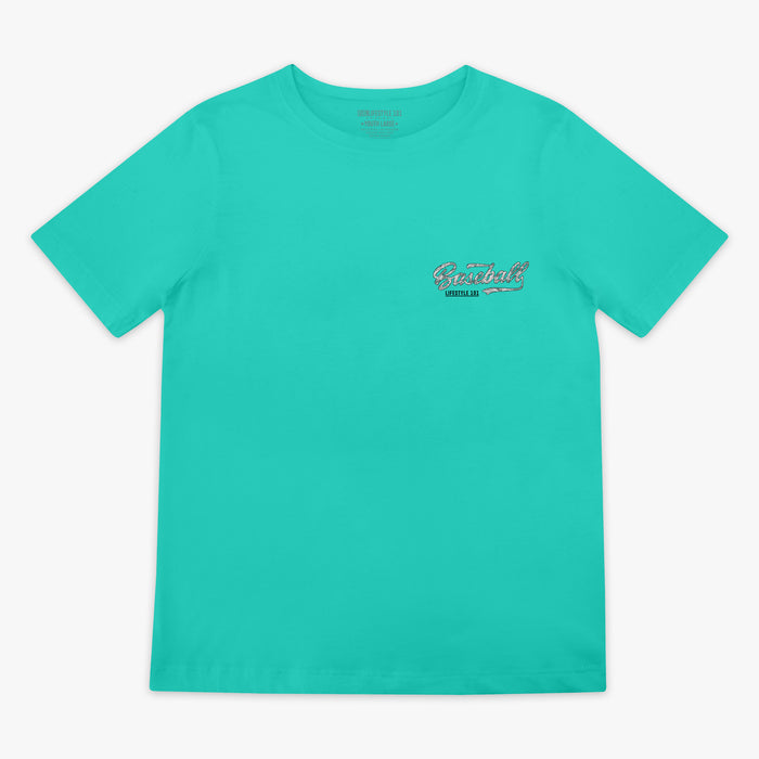 Teal t-shirt with a Baseball Lifestyle 101 logo on a white background