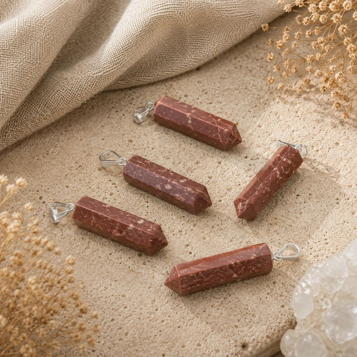 Red Jasper crystal point pendants with silver loops on a neutral stone background.