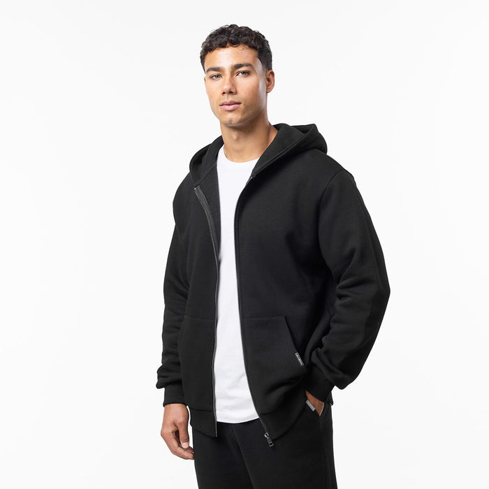 Men's relaxed fit zip up hoodie open paired with white t-shirt