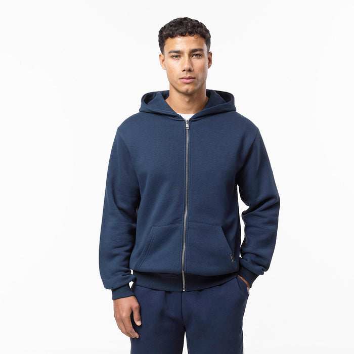 Close up of mens navy tracksuit hoodie zipped up