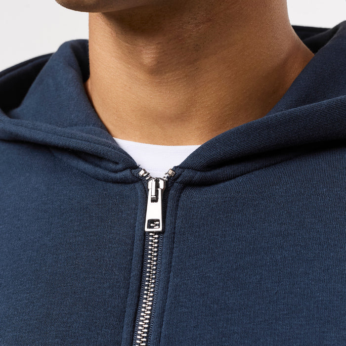 Zip detailing on navy hoodie