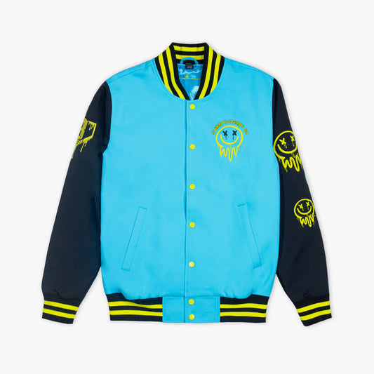 Blue, yellow and black varsity jacket with yellow smiley face on a white background
