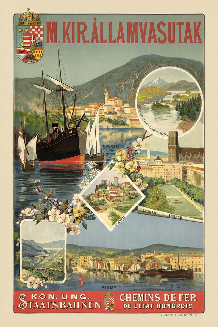 Rijeka Travel Poster: Fiume – Buccari – Zagreb by Royal Hungarian State Railways, 1890